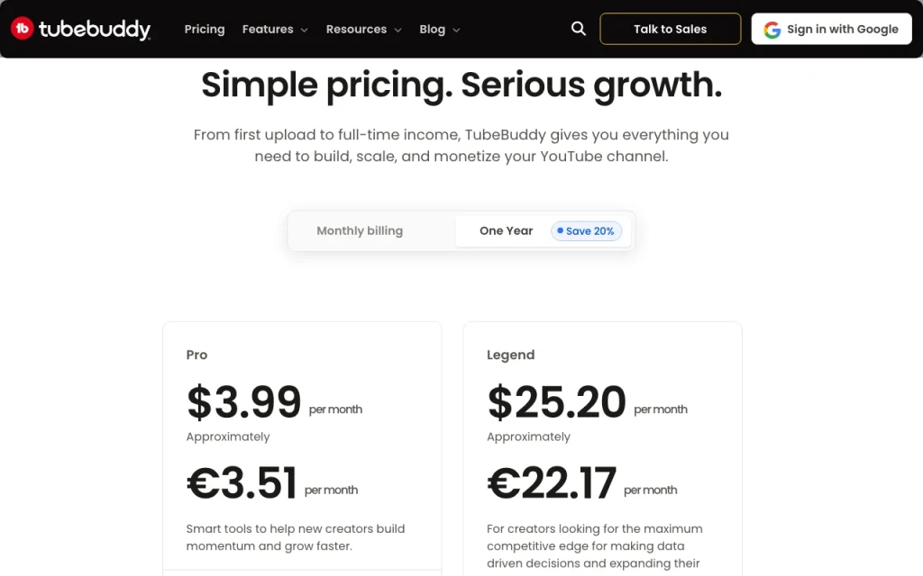 TubeBuddy pricing page with plans and prices — screenshot of the video AI tool, Oct 1, 2026