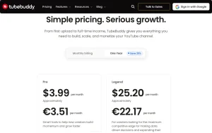 TubeBuddy pricing page with plans and prices — screenshot of the video AI tool, 2026-10-01