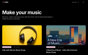 Udio blog — screenshot of the audio & voice AI tool, 2026-10-02