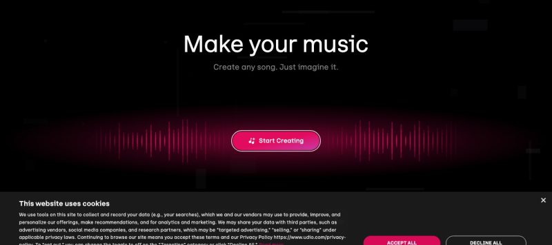 Udio homepage screenshot, audio & voice AI tool