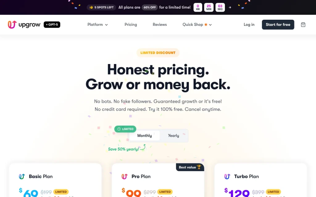 UpGrow pricing page with plans and prices — screenshot of the productivity & writing AI tool, Oct 1, 2026