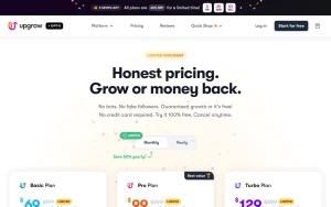 UpGrow pricing page with plans and prices — screenshot of the productivity & writing AI tool, 2026-10-01