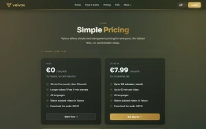 Vaivox pricing page with plans and prices — screenshot of the audio & voice AI tool, 2026-10-01