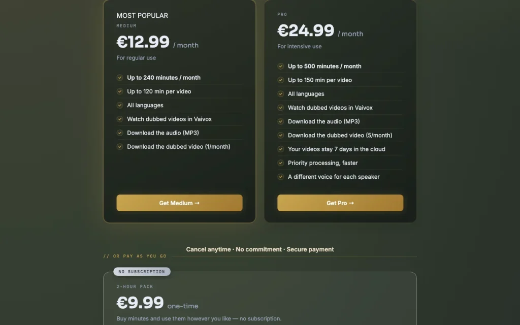 Vaivox página de precios con planes y precios — captura de pantalla de la herramienta de IA audio y voz, Oct 1, 2026