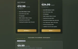 Vaivox pricing page with plans and prices — screenshot of the audio & voice AI tool, 2026-10-01