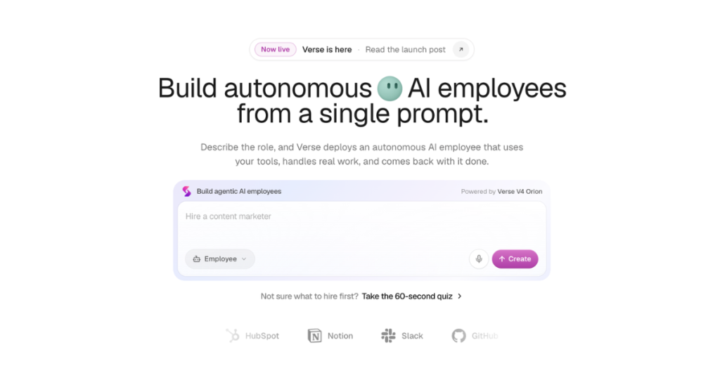 Capture d'écran de la page d'accueil de Verse, outil d'IA productivité et rédaction