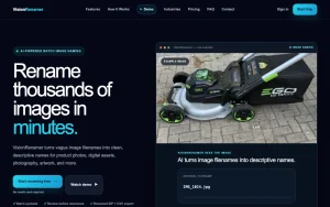 VisionRenamer homepage — screenshot of the productivity & writing AI tool, 2026-10-01
