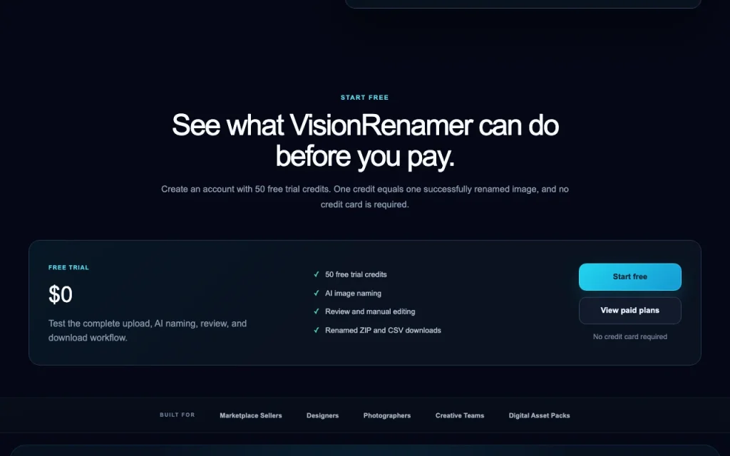 VisionRenamer homepage — screenshot of the productivity & writing AI tool, Oct 1, 2026