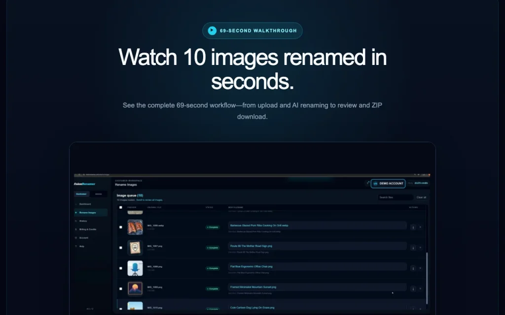 VisionRenamer homepage — screenshot of the productivity & writing AI tool, Oct 1, 2026