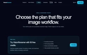VisionRenamer pricing page with plans and prices — screenshot of the productivity & writing AI tool, 2026-10-01