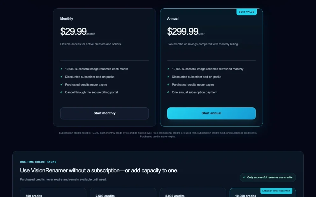VisionRenamer page de tarifs avec offres et prix — capture d'écran de l'outil d'IA productivité et rédaction, Oct 1, 2026