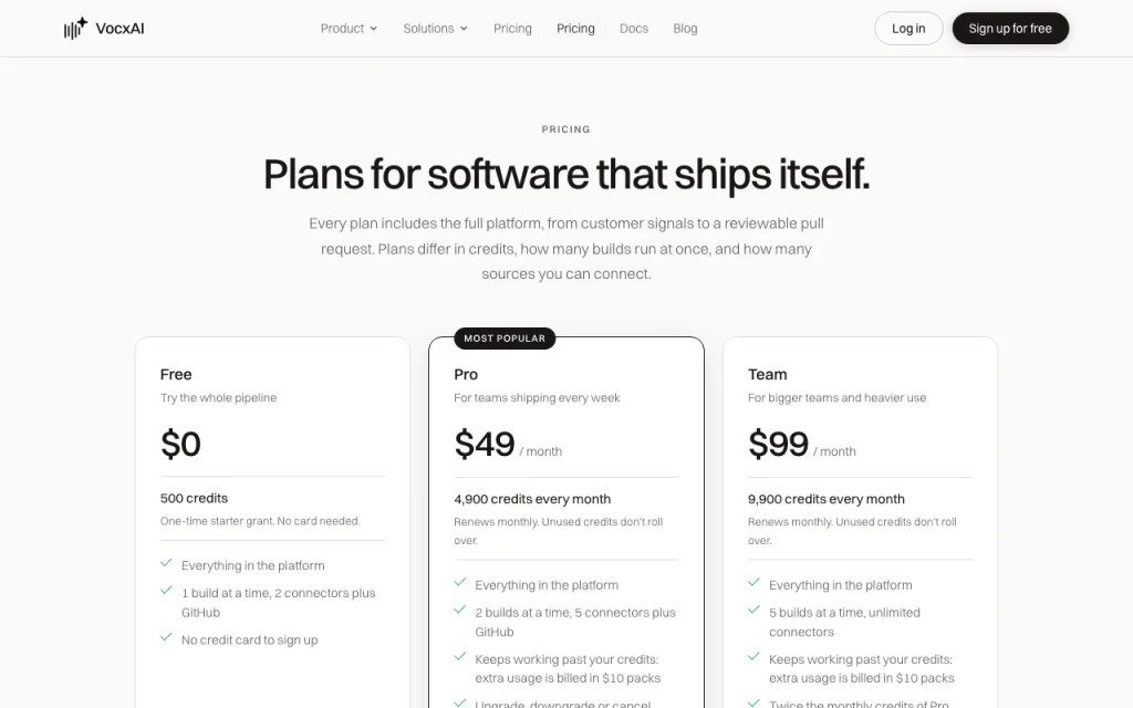 VocxAI página de precios con planes y precios — captura de pantalla de la herramienta de IA programación, Oct 1, 2026