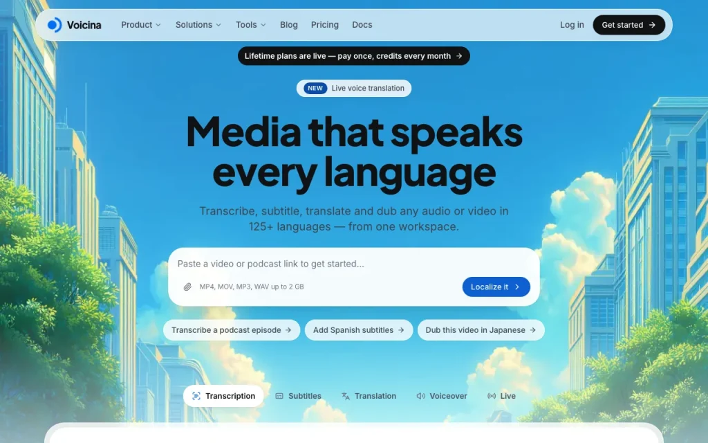 Voicina homepage — screenshot of the audio & voice AI tool, Oct 1, 2026