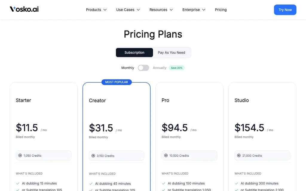 Vosko pricing page with plans and prices — screenshot of the video AI tool, Oct 1, 2026