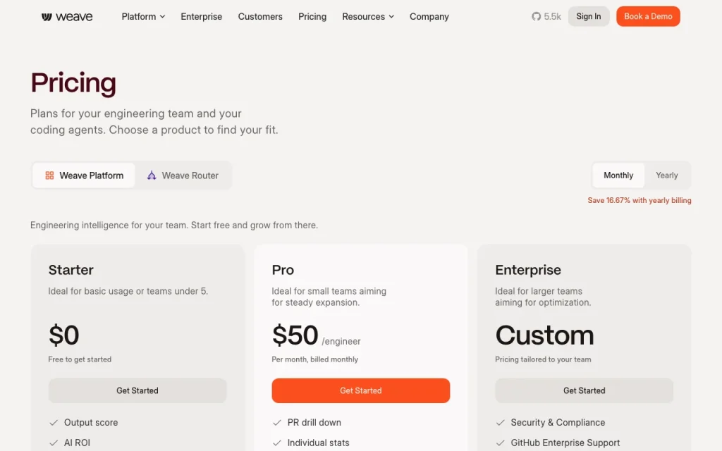 Weave pricing page with plans and prices — screenshot of the coding AI tool, Oct 2, 2026