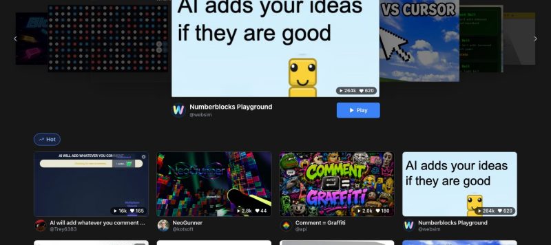 Websim homepage screenshot, coding AI tool
