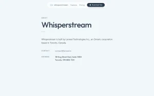 Whisperstream about page — screenshot of the audio & voice AI tool, 2026-10-01