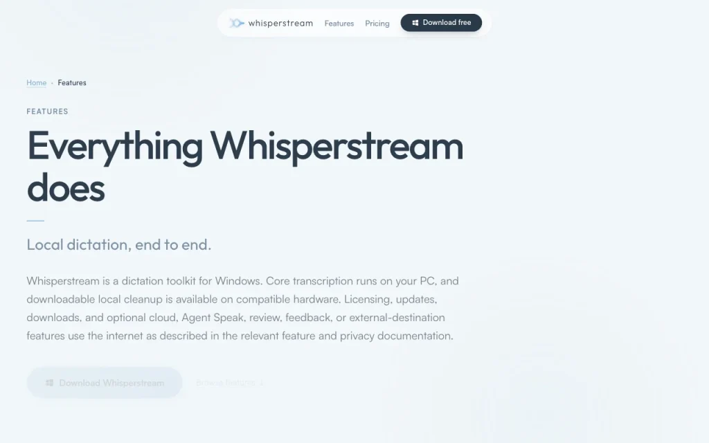 Whisperstream page des fonctionnalités — capture d'écran de l'outil d'IA audio et voix, Oct 1, 2026