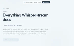 Whisperstream features page — screenshot of the audio & voice AI tool, 2026-10-01