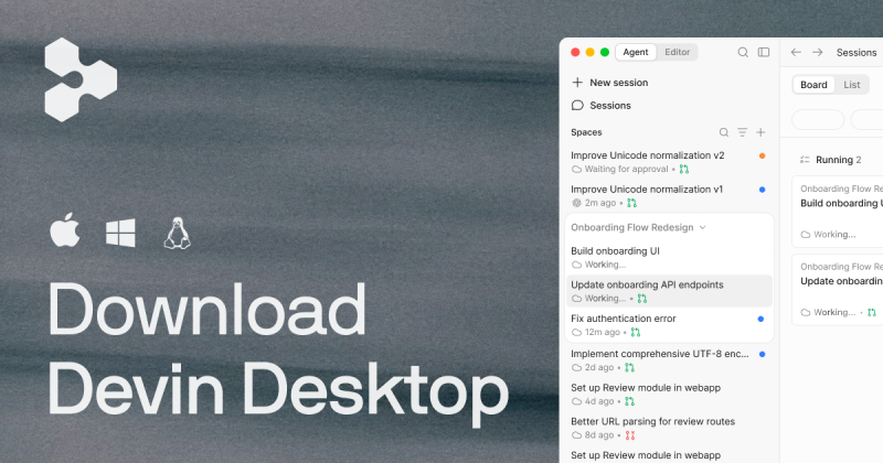 Devin Desktop (formerly Windsurf) homepage screenshot, coding AI tool