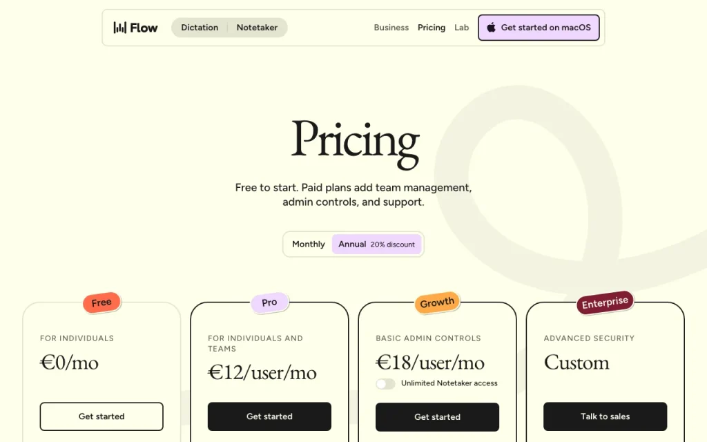 Wispr Flow página de precios con planes y precios — captura de pantalla de la herramienta de IA audio y voz, Oct 1, 2026