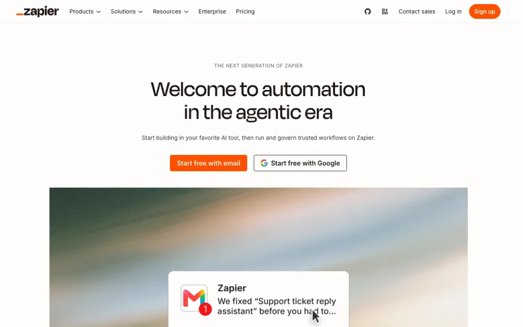 Zapier homepage — screenshot of the productivity & writing AI tool, Oct 1, 2026