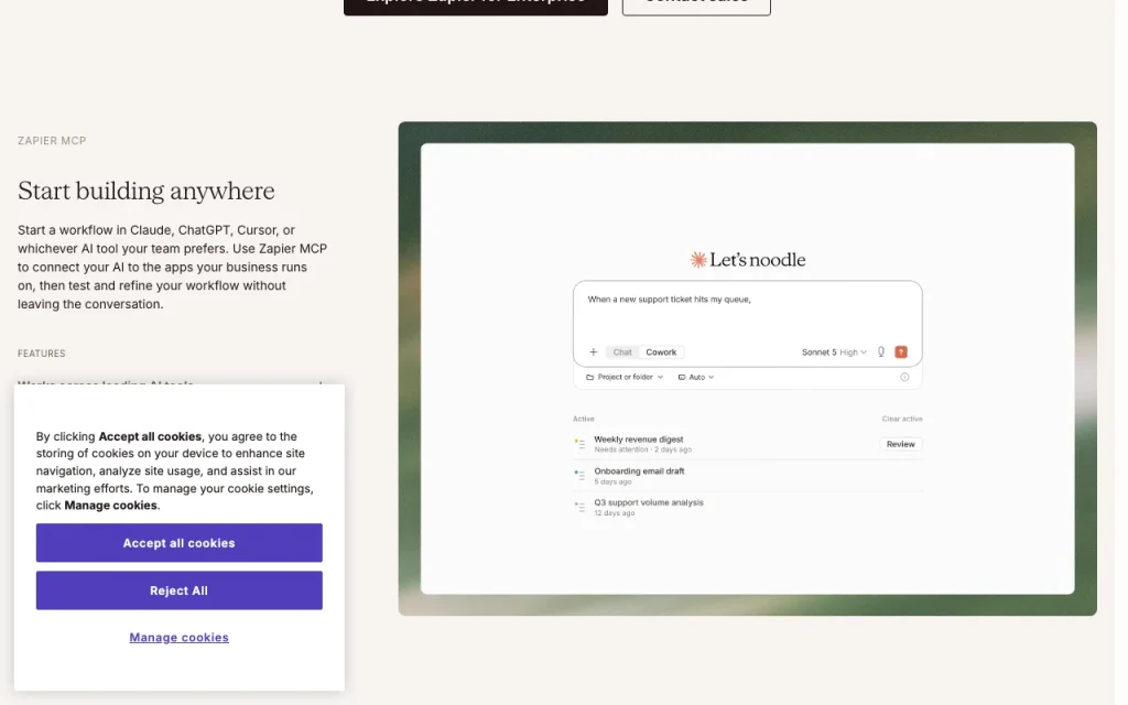 Zapier página principal — captura de pantalla de la herramienta de IA productividad y escritura, Oct 1, 2026
