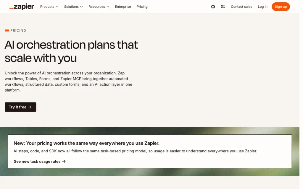 Zapier página de precios con planes y precios — captura de pantalla de la herramienta de IA productividad y escritura, Oct 1, 2026