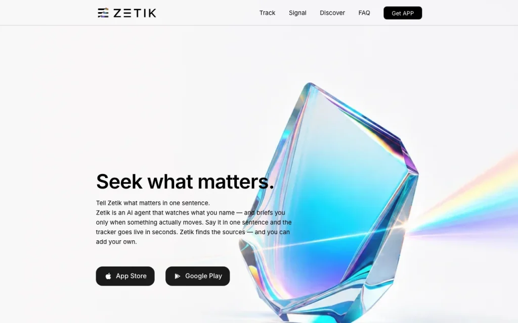 Zetik página principal — captura de pantalla de la herramienta de IA investigación y búsqueda, Oct 1, 2026