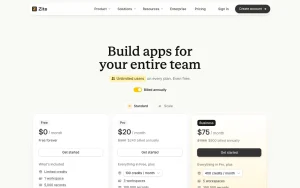 Zite pricing page with plans and prices — screenshot of the productivity & writing AI tool, 2026-10-01
