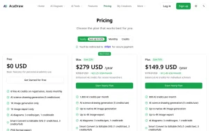 AcaDraw pricing page with plans and prices — screenshot of the image generation AI tool, 2026-10-02