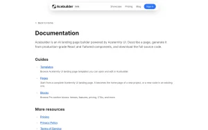 Acebuilder documentation — screenshot of the coding AI tool, 2026-10-01