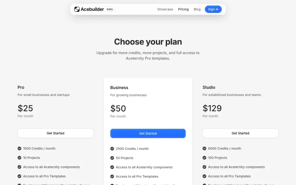 Acebuilder página de precios con planes y precios — captura de pantalla de la herramienta de IA programación, Oct 1, 2026