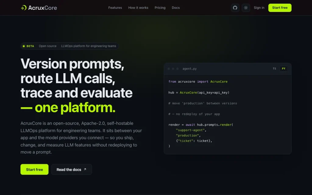 AcruxCore Startseite – Screenshot des KI-Tools coding, Oct 1, 2026