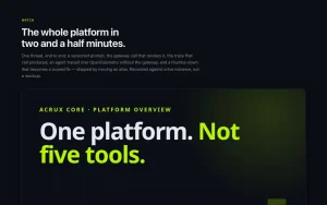 AcruxCore homepage — screenshot of the coding AI tool, 2026-10-01