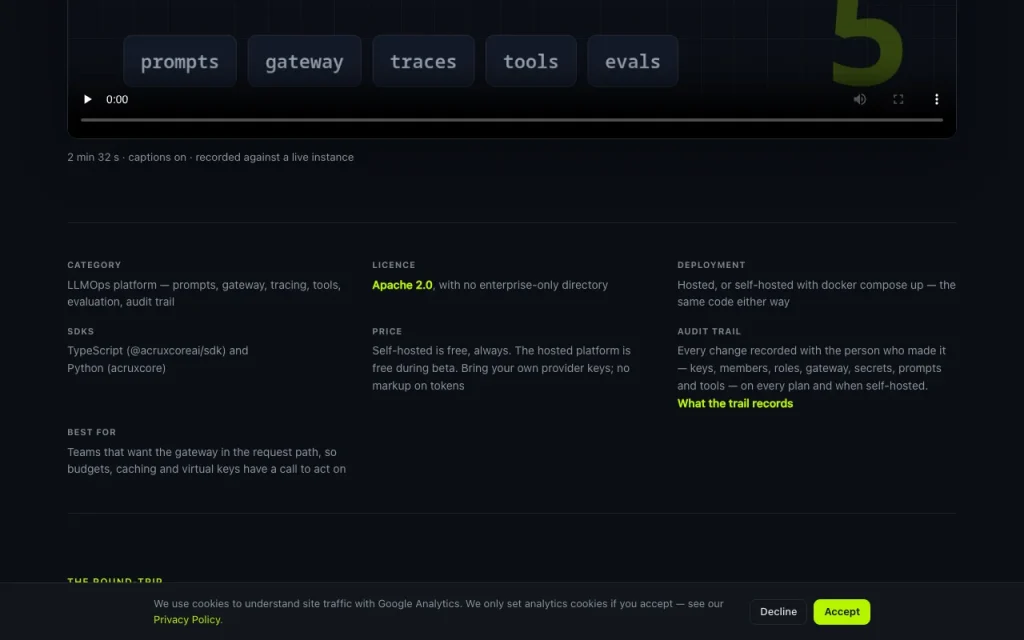 AcruxCore homepage — screenshot of the coding AI tool, Oct 1, 2026