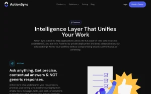Action Sync features page — screenshot of the productivity & writing AI tool, 2026-10-02