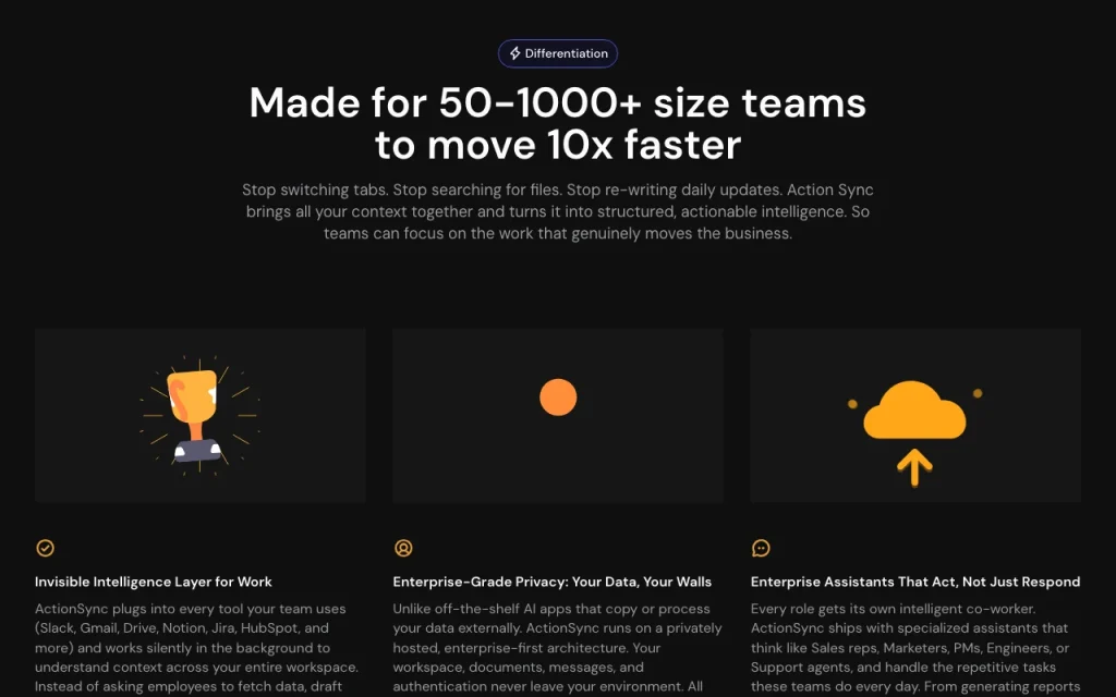 Action Sync homepage — screenshot of the productivity & writing AI tool, Oct 2, 2026