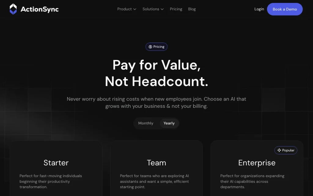 Action Sync pricing page with plans and prices — screenshot of the productivity & writing AI tool, Oct 2, 2026