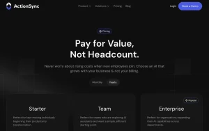Action Sync pricing page with plans and prices — screenshot of the productivity & writing AI tool, 2026-10-02