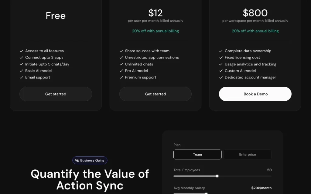 Action Sync pricing page with plans and prices — screenshot of the productivity & writing AI tool, Oct 2, 2026