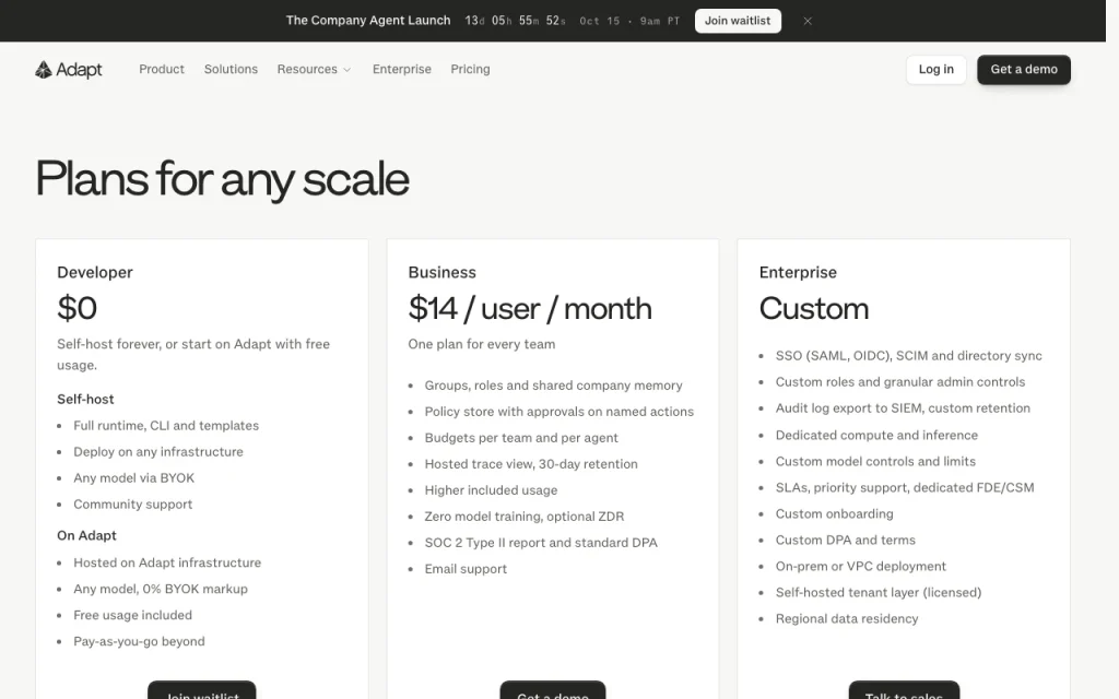 Adapt pricing page with plans and prices — screenshot of the productivity & writing AI tool, Oct 2, 2026