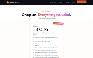 AdControlCenter pricing page with plans and prices — screenshot of the productivity & writing AI tool, 2026-10-01