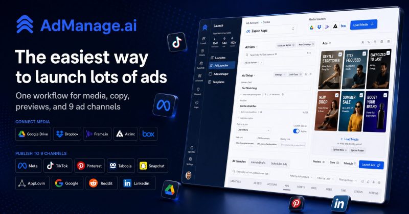 AdManage.ai homepage screenshot, productivity & writing AI tool