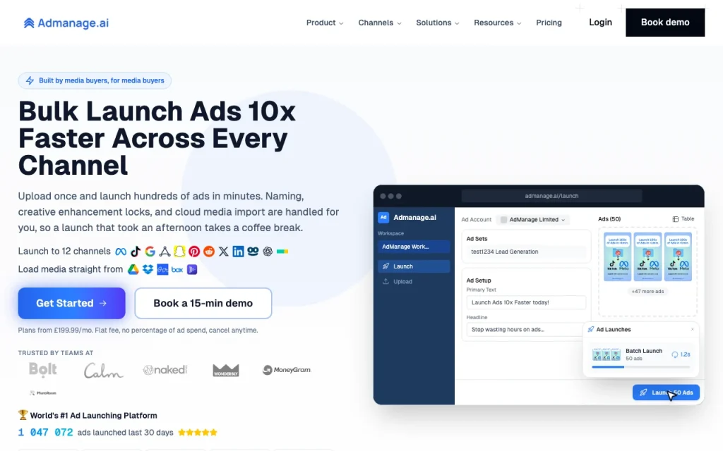 AdManage.ai homepage — screenshot of the productivity & writing AI tool, Oct 2, 2026