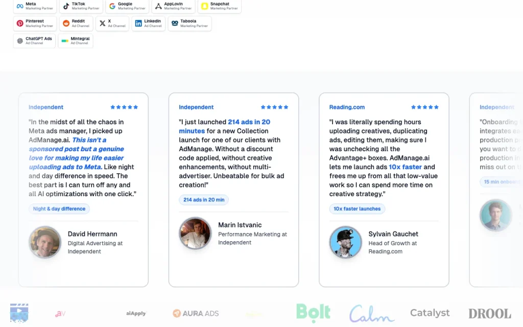 AdManage.ai page d'accueil — capture d'écran de l'outil d'IA productivité et rédaction, Oct 2, 2026