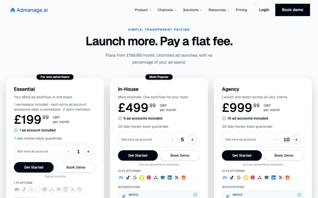 AdManage.ai page de tarifs avec offres et prix — capture d'écran de l'outil d'IA productivité et rédaction, Oct 2, 2026