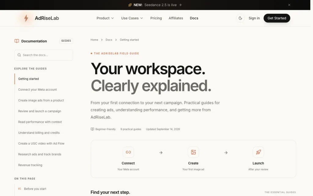 AdRiseLab documentación — captura de pantalla de la herramienta de IA productividad y escritura, Oct 1, 2026