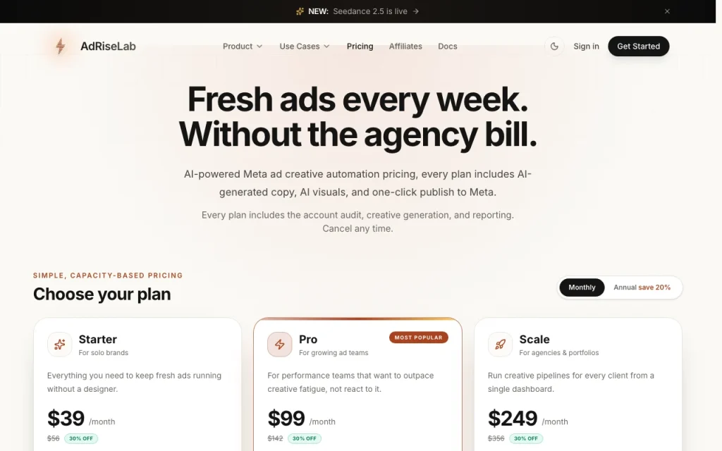 AdRiseLab página de precios con planes y precios — captura de pantalla de la herramienta de IA productividad y escritura, Oct 1, 2026