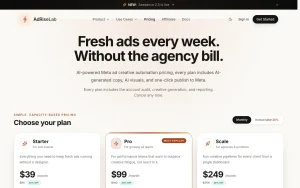 AdRiseLab pricing page with plans and prices — screenshot of the productivity & writing AI tool, 2026-10-01